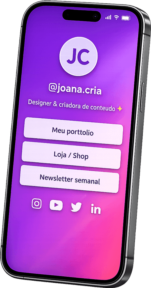 Exemplo de página de links da LinkLand aberta num celular, com links, redes sociais e botão de WhatsApp